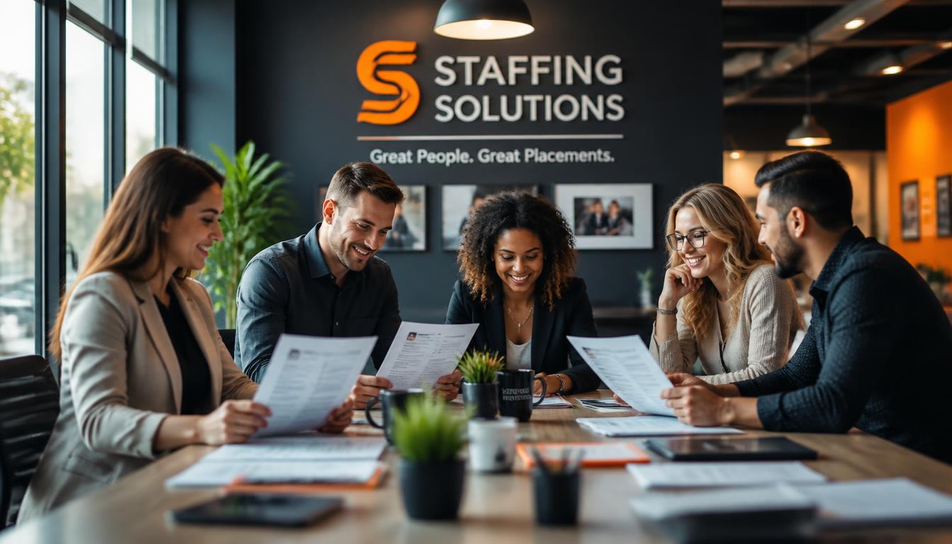 Staffing agency team reviewing candidate resumes in a modern office